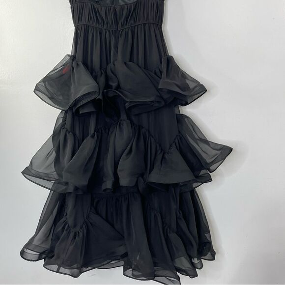 Mac Duggal 68411 Tiered Ruffled Tulle Organza Midi V-neck Dress, Black, Size 2 - Picture 5 of 9